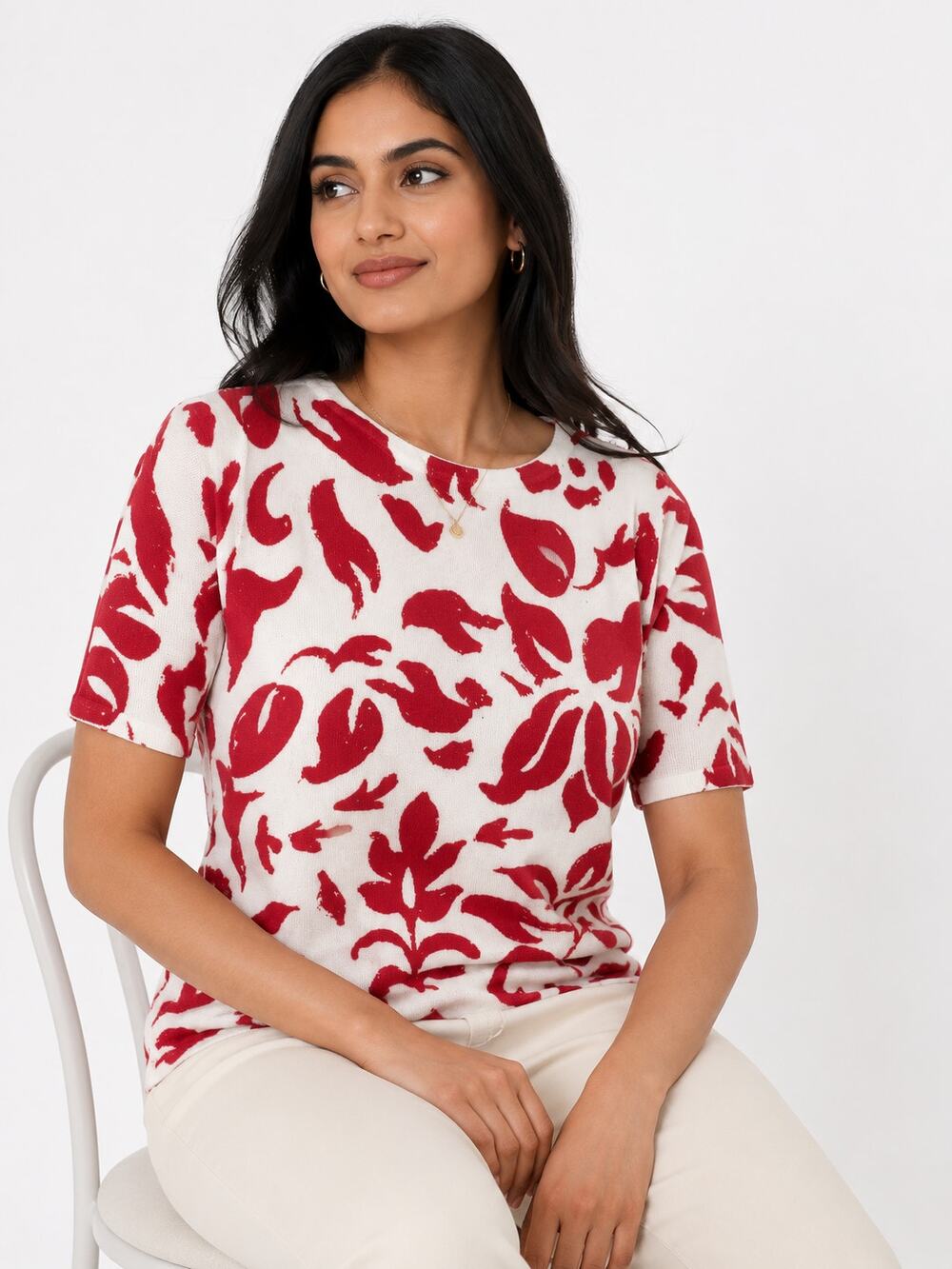 LR4700 Calligraphie Womens White Red Floral Knit Top Short Sleeve Size S